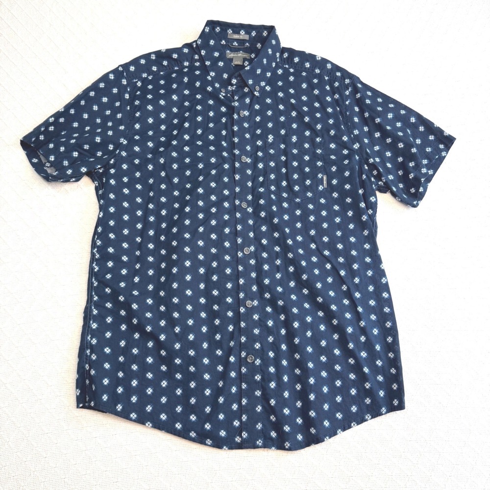 Eddie Bauer Mens Short Sleeve Button Down Shirt Navy Blue Geometric Diamond L